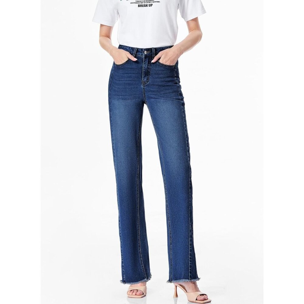 Women's Bluing Wide Leg High Waisted Stretchy Raw Hem Imported Denim Jeans - Picture 4 of 6